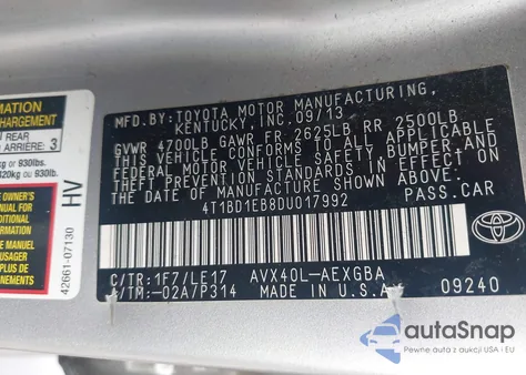 2013 Toyota Avalon Hybrid/Prem/Tour/Ltd из США, поврежденный, VIN 4T1BD1EB8DU017992